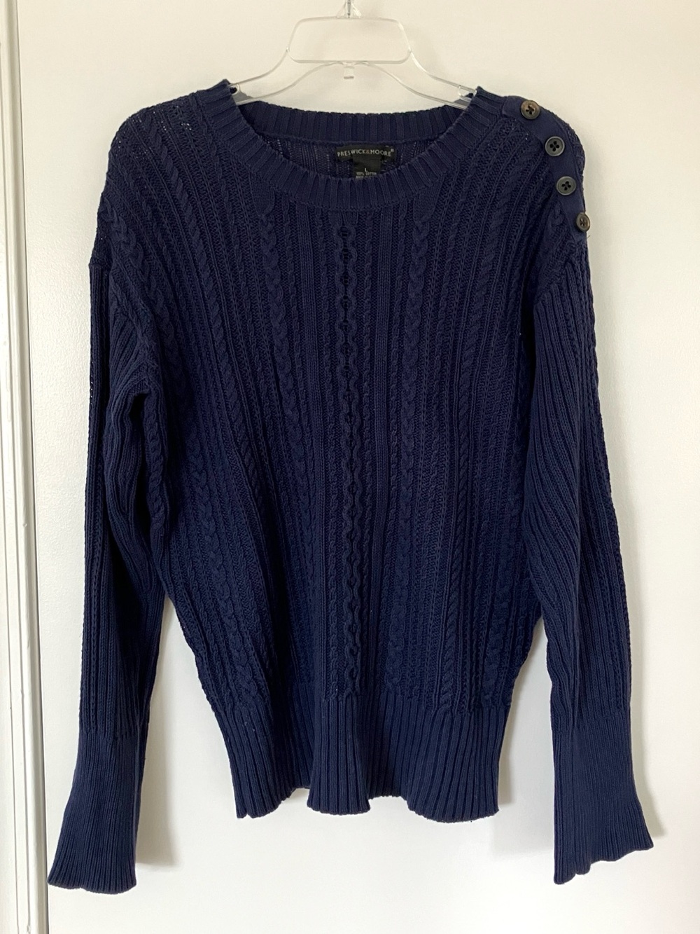 Preswick & Moore Navy Cable-Knit Sweater with Shoulder Buttons